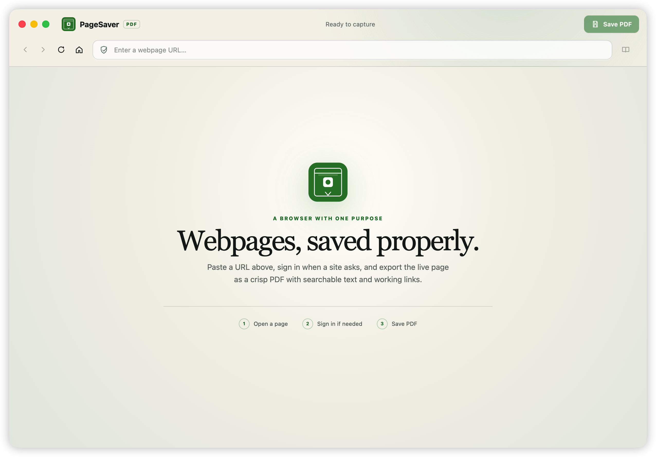 PageSaver PDF for Mac: a webpage open in the app, ready to export as a searchable PDF